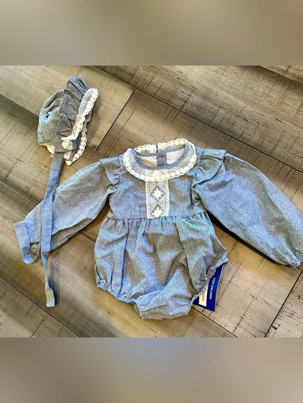 Baby 2 Pc Romper & Bonnet Set Gray Lace Long Sleeve 6 Months Boutique